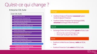 Qu’est-ce qui change ?
                                         Changé

    Windows Server CAL                   •   Forefront Endpoint Protection renommé System
    Exchange Server Standard CAL             Center Endpoint Protection
    SharePoint Server Standard CAL       •   Forefront Online Protection for Exchange (FOPE)
    Lync Server Standard CAL                 renommé Exchange Online Protection
    System Center Config Manager CAL
                                         Ajouté
    System Center Endpoint Protection

    Active Directory RMS                 •   Exchange Online Archiving (EOA) ajouté à l’ECAL Suite
    Exchange Enterprise CAL w/ Svcs*           o Diminue les coût d’archivage mail.
    (with Exchange Online Protection)
                                               o Choisi par la plupart des clients
    Lync Enterprise CAL

    SharePoint Enterprise CAL            Retiré
    System Center Client Mgmt Suite
                                         •   Forefront Unified Access Gateway retiré de l’ECAL
    Exchange Online Archiving                Suite
      Forefront Unified Access Gateway
                                         •   Forefront Protection Suite retiré de l’ECAL Suite
      Forefront Protection Suite
 