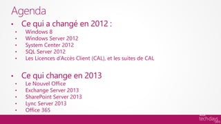 Agenda
•       Ce qui a changé en 2012 :
    •    Windows 8
    •    Windows Server 2012
    •    System Center 2012
    •    SQL Server 2012
    •    Les Licences d’Accès Client (CAL), et les suites de CAL


•       Ce qui change en 2013
    •    Le Nouvel Office
    •    Exchange Server 2013
    •    SharePoint Server 2013
    •    Lync Server 2013
    •    Office 365
 