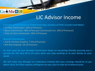 LIC Advisor Income
Example of Commission on Endowment type of policy of Term 15 years and above:
• 1st Year Commission: 25% of Premium.
• Bonus Commission: 40% of first year Commission (i.e. 10% of Premium)
• Total 1st Year Commission: 35% of Premium
Renewal Commission:
• 2nd & 3rd Year of policy: 7.5% of Premium
• 4th Year onwards: 5% of Premium
As Years pass by your Renewal Commission keeps on increasing thereby assuring you a
pension for the next 20 to 25 years when you stop working or to your family on your
death.
We will make sure through our meticulous training that your earnings should be as per
above chart, but that requires willingness on your part to take lot of physical pain.
 