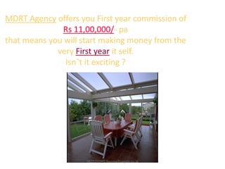 9825288993 becomelicagent.co.in
MDRT Agency offers you First year commission of
Rs 11,00,000/- pa
that means you will start making money from the
very First year it self.
Isn’t it exciting ?
 