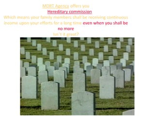 9825288993 becomelicagent.co.in
MDRT Agency offers you
Hereditary commission
Which means your family members shall be receiving continuous
income upon your efforts for a long time even when you shall be
no more
Isn’t it great?
 