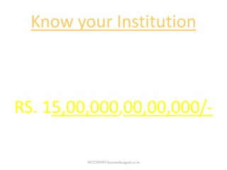 Know your Institution
LIFE FUND
RS. 15,00,000,00,00,000/-
9825288993 becomelicagent.co.in
 