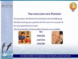 You earn your own Pension 
As years pass, the Renewal Commission starts building up 
thereby assuring you a pension for the next 20 to 25 years & 
for your generations to come. 
Also Svavalamban & Samvardhan Schemes are available. 
WE 
INSURE 
and also 
ASSURE 
IN TRUE SPIRIT OF SERVING THE PEOPLE AND NATION 
 