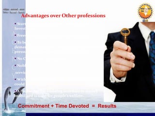 Advantages over Other professions 
 Start Business of your own without Capital 
Investment. 
 Freedom to set your own working hours. 
 To be in a Business that gets easier & less 
demanding as you grow old, compared to mounting 
pressures encountered in other businesses. 
 No Compulsory retirement. 
 Noble profession opens doors for social 
service 
 Within a short span of time standard of living 
could be improved. 
 A tool in Nation building activities as money 
mobilized is used for people’s welfare. 
Commitment + Time Devoted = Results 
IN TRUE SPIRIT OF SERVING THE PEOPLE AND NATION 
 