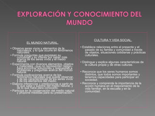 EL MUNDO NATURAL. •  Observa seres vivos y elementos de la naturaleza, y lo que ocurre en fenómenos naturales. •  Formula preguntas que expresan su curiosidad y su interés por saber más acerca de los seres vivos y el medio natural. •  Experimenta con diversos elementos, objetos y materiales –que no representan riesgo– para encontrar soluciones y respuestas a problemas y preguntas acerca del mundo natural. •  Formula explicaciones acerca de los fenómenos naturales que puede observar, y de las características de los seres vivos y de los elementos del medio. •  Elabora inferencias y predicciones a partir de lo que sabe y supone del medio natural, y de lo que hace para conocerlo. •  Participa en la conservación del medio natural y propone medidas para su preservación.   CULTURA Y VIDA SOCIAL.   •  Establece relaciones entre el presente y el pasado de su familia y comunidad a través de objetos, situaciones cotidianas y prácticas culturales. •  Distingue y explica algunas características de la cultura propia y de otras culturas. •  Reconoce que los seres humanos somos distintos, que todos somos importantes y tenemos capacidades para participar en sociedad. •  Reconoce y comprende la importancia de la acción humana en el mejoramiento de la vida familiar, en la escuela y en la comunidad.   