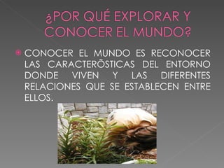 CONOCER EL MUNDO ES RECONOCER LAS CARACTERÍSTICAS DEL ENTORNO DONDE VIVEN Y LAS DIFERENTES RELACIONES QUE SE ESTABLECEN ENTRE ELLOS. 
