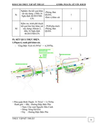 BÁO CÁO THỰC TẬP KỸ THUẬT GVHD: PGS-TS. LÊ VĂN BÁCH
THỰC TẬP KỸ THUẬT
16
8c
Nghiệm thu kết quả khảo
sát xây dựng. ( Điều 16
Nghị định 46/2015/NĐ-
CP)
-Phòng, Ban
QLDA;
-Đơn vị khảo sát
1
8d
Kiểm tra, trình phê duyệt
kết quả báo báo khảo sát
xây dựng.( Khoản 2,
điều 16 Nghị định
46/2015/NĐ-CP)
- PGĐ phụ trách
-Phòng, Ban
QLDA
1
IX. KẾT QUẢ THỰC HIỆN.
1.Phạmvi, ranh giới khảo sát.
- Tổng Diện Tích:63.597m2 = 6,3597ha.
+ Phía quận Bình Thạnh: 31.761m2 = 3,1761ha
Ranh giới: + Bắc : Đường Điện Biên Phủ
+ Nam: Cầu vượt Nguyễn Hữu Cảnh
+ Đông: Sông Sài Gòn
+Tây : Đường Điện Biên Phủ
 
