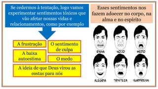 Se cedermos à tentação, logo vamos
experimentar sentimentos tóxicos que
vão afetar nossas vidas e
relacionamentos, como por exemplo
A frustração
A baixa
autoestima
A ideia de que Deus virou as
costas para nós
O sentimento
de culpa
O medo
Esses sentimentos nos
fazem adoecer no corpo, na
alma e no espírito
 