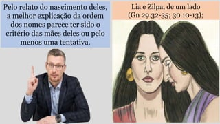 Pelo relato do nascimento deles,
a melhor explicação da ordem
dos nomes parece ter sido o
critério das mães deles ou pelo
menos uma tentativa.
Lia e Zilpa, de um lado
(Gn 29.32-35; 30.10-13);
 