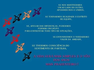 S E NOS MANTIVERMOS
UM AO LADO DO OUTRO,
AP OIANDO-NOS E UNIDOS ,
S E TORNARMOS REALIDADE O ES P ÍRITO
DE EQUIP E,
S E, AP ES AR DAS DIFERENÇAS , P UDERMOS
FORMAR UM GRUP O
P ARA ENFRENTAR TODO TIP O DE S ITUAÇÕES ,
S E ENTENDERMOS O VERDADEIRO
VALOR DA AMIZADE,

S E TIVERMOS CONS CIÊNCIA DO
S ENTIMENTO DE P ARTILHA,

A VIDA S ERÁ MAIS S IMP LES E O VÔO
DOS ANOS
MAIS P RAZENTEIRO !

 