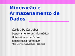Mineração e Armazenamento de Dados Carlos P. Caldeira Departamento de Informática Universidade de Évora [email_address] http://www.di.uevora.pt/~ccaldeira 
