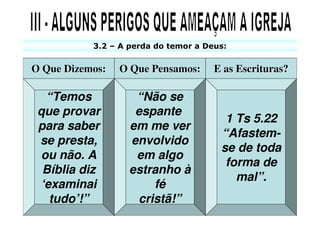 3.2 – A perda do temor a Deus:


O Que Dizemos:   O Que Pensamos:      E as Escrituras?

  “Temos            “Não se
 que provar         espante
                                        1 Ts 5.22
 para saber        em me ver
                                       “Afastem-
 se presta,        envolvido
                                       se de toda
 ou não. A          em algo
                                        forma de
  Bíblia diz       estranho à
                                          mal”.
 ‘examinai             fé
   tudo’!”          cristã!”
 
