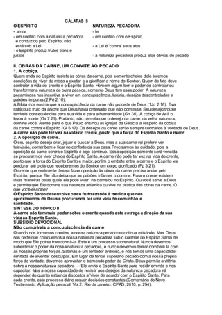 GÁLATAS 5
O ESPÍRITO NATUREZA PECADORA
- amor - lei
- em conflito com a natureza pecadora - em conflito com o Espírito
e conduzido pelo Espírito, não
está sob a Lei - a Lei é 'contra' seus atos
- o Espírito produz frutos bons e
justos - a natureza pecadora produz atos óbvios de pecado
II. OBRAS DA CARNE, UM CONVITE AO PECADO
1. A cobiça.
Quem anda no Espírito resiste às obras da carne, pois somente cheios dele teremos
condições de viver de modo a exaltar e a glorificar o nome do Senhor. Quem de fato deve
controlar a vida do crente é o Espírito Santo. Homem algum tem o poder de controlar ou
transformar a natureza de outra pessoa, somente Deus tem esse poder. A natureza
pecaminosa nos incentiva a viver em concupiscência, luxúria, desejos descontrolados e
paixões impuras (2 Pé 2.10).
A Bíblia nos ensina que a concupiscência da carne não procede de Deus (1Jo 2.16). Eva
cobiçou o fruto da árvore que Deus havia ordenado que não comesse. Seu desejo trouxe
terríveis consequências para sua vida e para a humanidade (Gn 36). A cobiça de Acã o
levou à morte (Os 7.21). Portanto, não permita que o desejo da carne, da velha natureza,
domine você. Atente para o que Paulo ensinou às igrejas da Gálacia a respeito da cobiça
da carne contra o Espírito (Gl 5.17). Os desejos da carne serão sempre contrários à vontade de Deus.
A carne não pode ter vez na vida do crente, posto que a força do Espírito Santo é maior.
2. A oposição da carne.
O seu espírito deseja orar, jejuar e buscar a Deus, mas a sua carne vai preferir ver
televisão, comer bem e ficar no conforto da sua casa. Precisamos ter cuidado, pois a
oposição da carne contra o Espírito é algo contínuo. Essa oposição somente será vencida
se procurarmos viver cheios do Espírito Santo. A carne não pode ter vez na vida do crente,
posto que a força do Espírito Santo é maior, porém o embate entre a carne e o Espírito vai
perdurar até o dia que receberemos do Senhor um corpo glorificado (Fp 3.21).
O crente que realmente deseja fazer oposição às obras da carne precisa andar pelo
Espírito, porque Ele não deixa que as paixões infames o domine. Para o crente existem
duas maneiras pelas quais ele pode viver: na carne ou no Espírito. Ou você serve a Deus
e permite que Ele domine sua natureza adâmica ou vive na prática das obras da carne. O
que você escolhe?
O Espírito Santo desenvolve o seu fruto em nós à medida que nos
aproximamos de Deus e procuramos ter uma vida de comunhão e
santidade.
SÍNTESE DO TÓPICO II
A carne não tem mais poder sobre o crente quando este entrega a direção da sua
vida ao Espírito Santo.
SUBSÍDIO DEVOCIONAL
Não cumprireis a concupiscência da carne
Quando nos tornamos crentes, a nossa natureza pecadora continua existindo. Mas Deus
nos pede que coloquemos a nossa natureza pecadora sob o controle do Espírito Santo de
modo que Ele possa transformá-la. Este é um processo sobrenatural. Nunca devemos
subestimar o poder da nossa natureza pecadora, e nunca devemos tentar combatê la com
as nossas próprias forças. Satanás é um tentador ardiloso, e nós temos uma capacidade
ilimitada de inventar desculpas. Em lugar de tentar superar o pecado com a nossa própria
força de vontade, devemos aproveitar o tremendo poder de Cristo. Deus permite a vitória
sobre a nossa natureza pecadora — Ele envia o Espírito Santo para residir em nós e nos
capacitar. Mas a nossa capacidade de resistir aos desejos da natureza pecadora irá
depender do quanto estamos dispostos a 'viver de acordo' com o Espírito Santo. Para
cada crente, este processo diário requer decisões constantes (Comentário do Novo
Testamento: Aplicação pessoal. Vol.2. Rio de Janeiro: CPAD, 2010, p. 294).
 