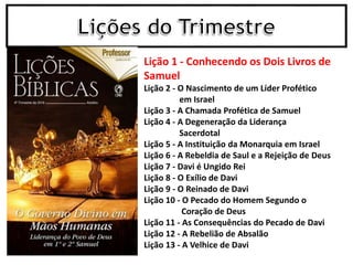 Lição 1 - Conhecendo os Dois Livros de
Samuel
Lição 2 - O Nascimento de um Líder Profético
em Israel
Lição 3 - A Chamada Profética de Samuel
Lição 4 - A Degeneração da Liderança
Sacerdotal
Lição 5 - A Instituição da Monarquia em Israel
Lição 6 - A Rebeldia de Saul e a Rejeição de Deus
Lição 7 - Davi é Ungido Rei
Lição 8 - O Exílio de Davi
Lição 9 - O Reinado de Davi
Lição 10 - O Pecado do Homem Segundo o
Coração de Deus
Lição 11 - As Consequências do Pecado de Davi
Lição 12 - A Rebelião de Absalão
Lição 13 - A Velhice de Davi
 
