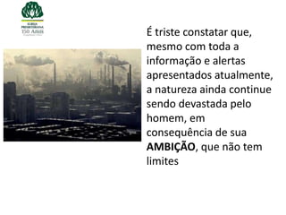 É triste constatar que,
mesmo com toda a
informação e alertas
apresentados atualmente,
a natureza ainda continue
sendo devastada pelo
homem, em
consequência de sua
AMBIÇÃO, que não tem
limites
 
