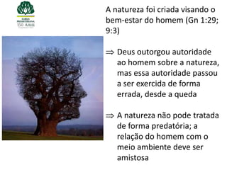 A natureza foi criada visando o
bem-estar do homem (Gn 1:29;
9:3)

   Deus outorgou autoridade
   ao homem sobre a natureza,
   mas essa autoridade passou
   a ser exercida de forma
   errada, desde a queda

   A natureza não pode tratada
   de forma predatória; a
   relação do homem com o
   meio ambiente deve ser
   amistosa
 
