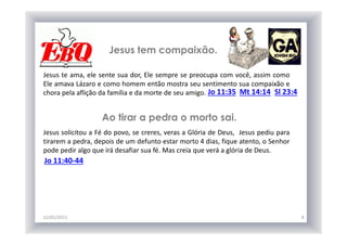 Jesus tem compaixão.
12/05/2013 8
Jesus te ama, ele sente sua dor, Ele sempre se preocupa com você, assim como
Ele amava Lázaro e como homem então mostra seu sentimento sua compaixão e
chora pela aflição da família e da morte de seu amigo. Jo 11:35 Sl 23:4Mt 14:14
Ao tirar a pedra o morto sai.
Jesus solicitou a Fé do povo, se creres, veras a Glória de Deus, Jesus pediu para
tirarem a pedra, depois de um defunto estar morto 4 dias, fique atento, o Senhor
pode pedir algo que irá desafiar sua fé. Mas creia que verá a glória de Deus.
Jo 11:40-44
 