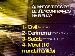 QUANTOS TIPOS DE LEIS ENCONTRAMOS NA BÍBLIA? 1- Civil  2- Cerimonial 3- Saúde 4- Moral (10 mandamentos) ÊXODO 22:1   LEVÍTICO 4:27 a 29   LEVÍTICO 11: 1 a 47   ÊXODO 20:3-17 