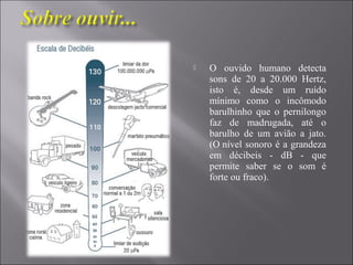  O  ouvido  humano  detecta 
sons  de  20  a  20.000  Hertz, 
isto  é,  desde  um  ruído 
mínimo  como  o  incômodo 
barulhinho  que  o  pernilongo 
faz  de  madrugada,  até  o 
barulho  de  um  avião  a  jato. 
(O nível sonoro é a grandeza 
em  décibeis  -  dB  -  que 
permite  saber  se  o  som  é 
forte ou fraco).
 