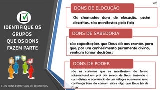 II .OS DONS ESPIRITUAIS DE 1CORINTIOS
Os chamados dons de elocução, assim
descritos, são manifestos pela fala
DONS DE ELOCUÇÃO
DONS DE SABEDORIA
são os carismas que se manifestam de forma
sobrenatural em prol dos servos de Deus, trazendo a
cura divina, a ocorrência de um milagre ou mesmo uma
confiança fora do comum sobre algo que Deus há de
fazer
DONS DE PODER
são capacitações que Deus dá aos crentes para
que, por um conhecimento puramente divino,
venham tomar decisões;
IDENTIFIQUE OS
GRUPOS
QUE OS DONS
FAZEM PARTE
4/6
 