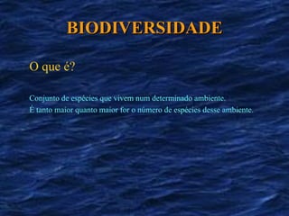 O que é? BIODIVERSIDADE Conjunto de espécies que vivem num determinado ambiente. É tanto maior quanto maior for o número de espécies desse ambiente. 