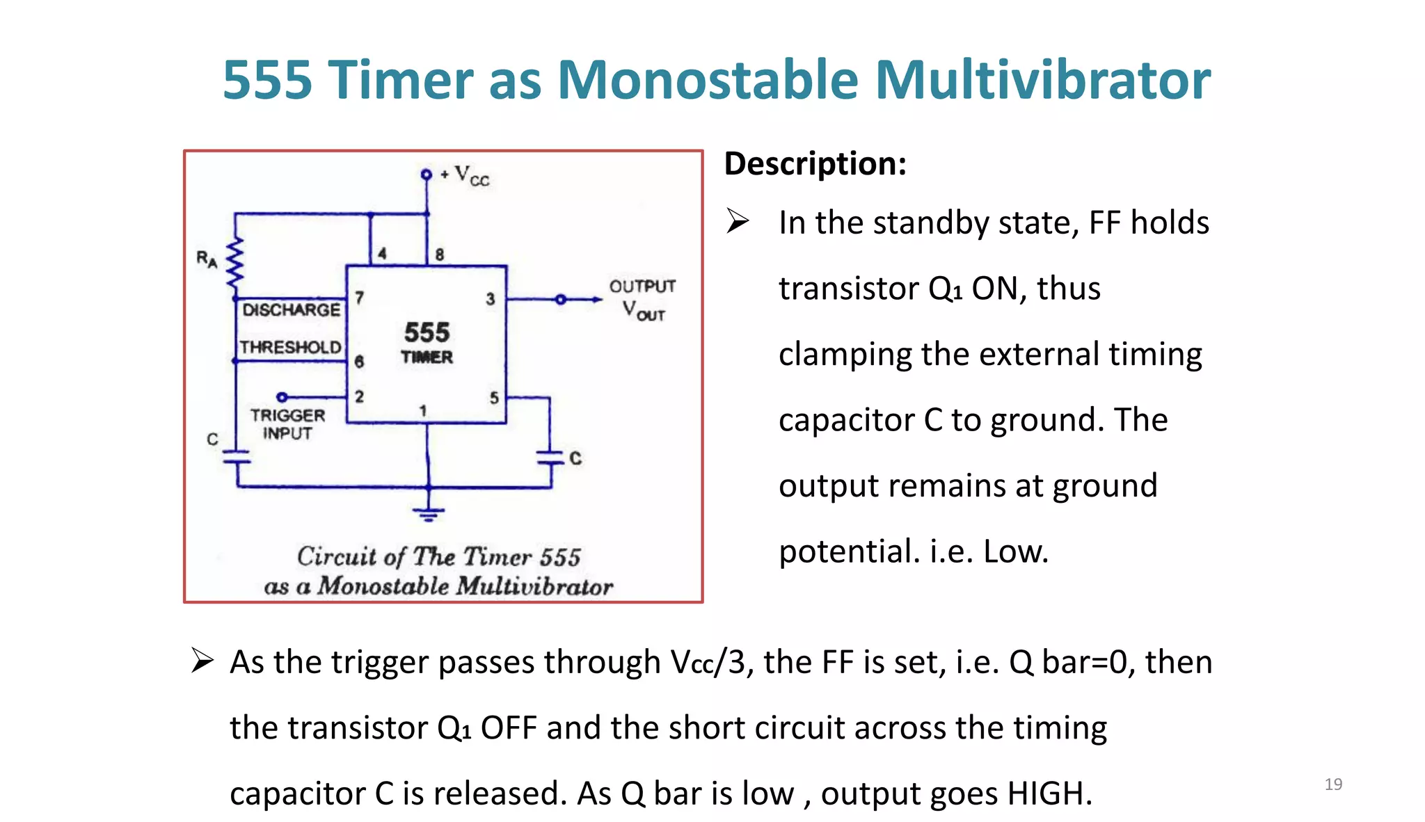555 Timer as Monostable Multivibrator
Description:
➢ In the standby state, FF holds
transistor Q1 ON, thus
clamping the external timing
capacitor C to ground. The
output remains at ground
potential. i.e. Low.
➢ As the trigger passes through VCC/3, the FF is set, i.e. Q bar=0, then
the transistor Q1 OFF and the short circuit across the timing
capacitor C is released. As Q bar is low , output goes HIGH. 19
 