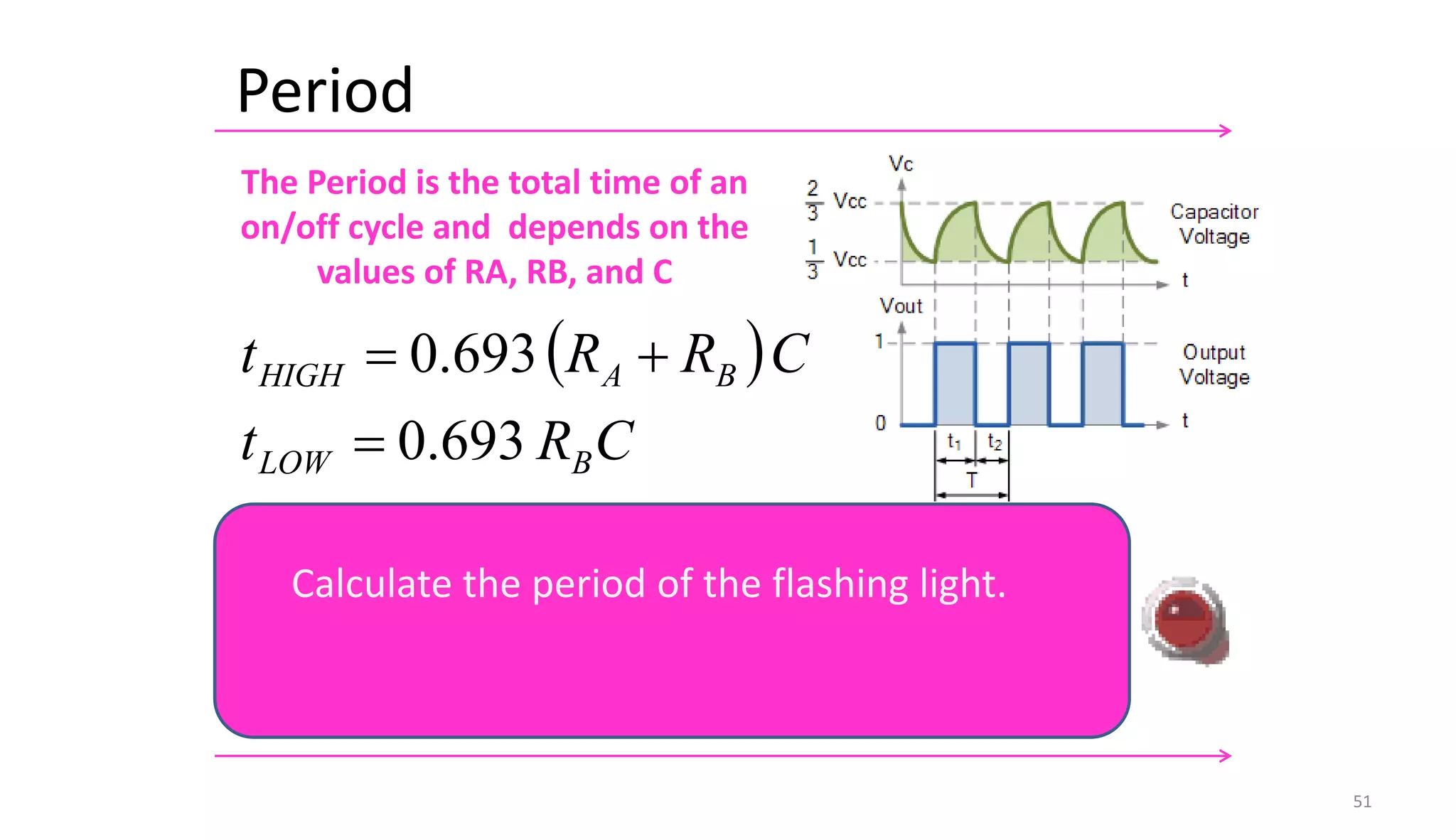 Period
The Period is the total time of an
on/off cycle and depends on the
values of RA, RB, and C
51
( )
( )
   
( )C
2
693
.
0
693
.
0
693
.
0
693
.
0
693
.
0
B
A
B
B
A
LOW
HIGH
B
LOW
B
A
HIGH
R
R
T
C
R
C
R
R
T
t
t
T
C
R
t
C
R
R
t
+
=
+
+
=
+
=
=
+
=
Calculate the period of the flashing light.
 