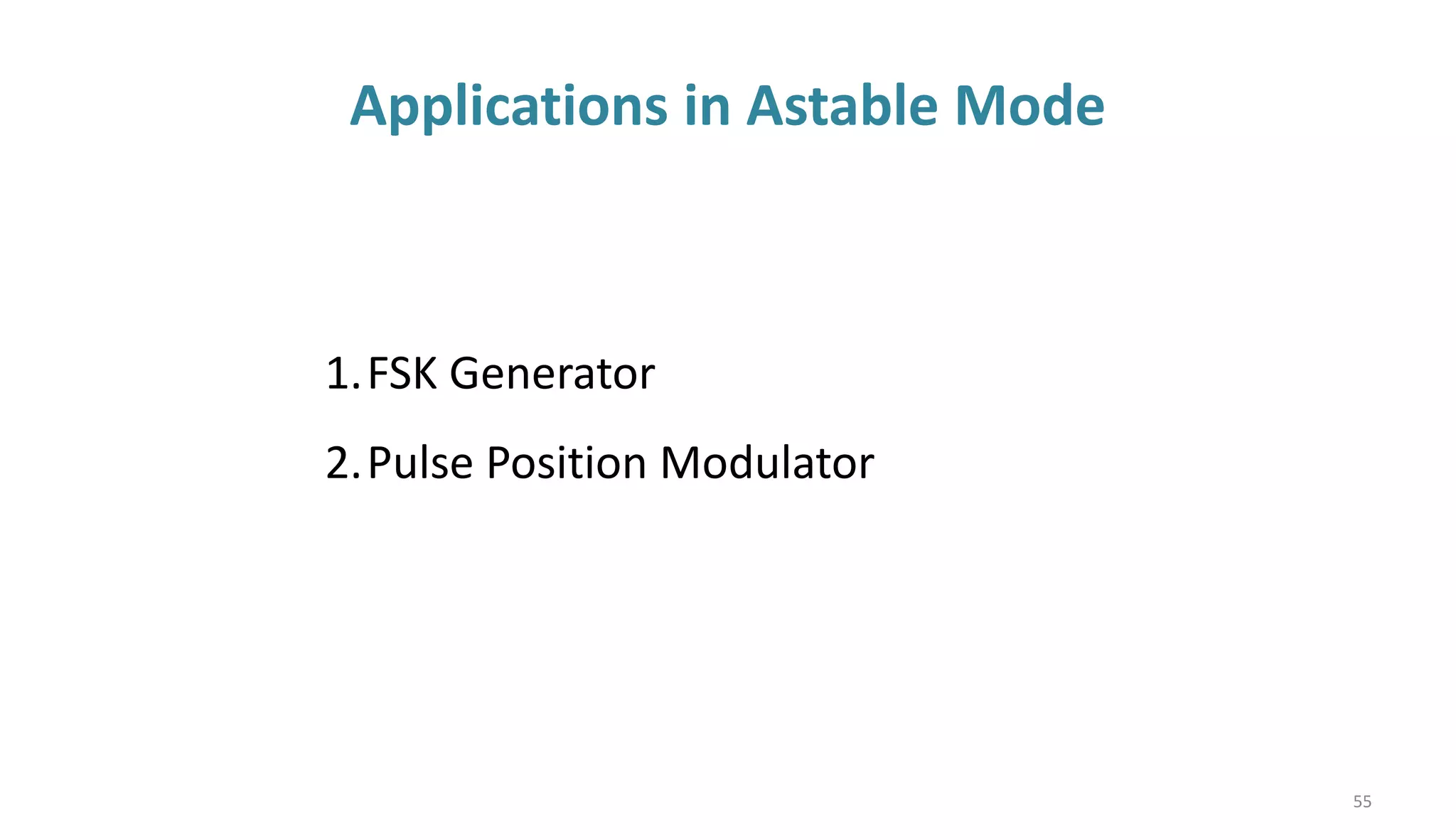 Applications in Astable Mode
55
1.FSK Generator
2.Pulse Position Modulator
 