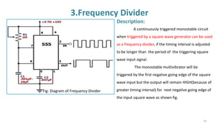3.Frequency Divider
Fig: Diagram of Frequency Divider
Description:
A continuously triggered monostable circuit
when triggered by a square wave generator can be used
as a frequency divider, if the timing interval is adjusted
to be longer than the period of the triggering square
wave input signal.
The monostable multivibrator will be
triggered by the first negative going edge of the square
wave input but the output will remain HIGH(because of
greater timing interval) for next negative going edge of
the input square wave as shown fig.
30
 