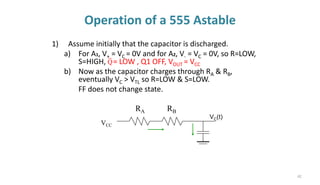 42
Operation of a 555 Astable
VCC
VC(t)
RA RB
1) Assume initially that the capacitor is discharged.
a) For A1, V+ = VC = 0V and for A2, V- = VC = 0V, so R=LOW,
S=HIGH, = LOW , Q1 OFF, VOUT = VCC
b) Now as the capacitor charges through RA & RB,
eventually VC > VTL so R=LOW & S=LOW.
FF does not change state.
Q
 