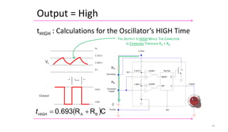 Output = High
45
tHIGH : Calculations for the Oscillator’s HIGH Time
THE OUTPUT IS HIGH WHILE THE CAPACITOR
IS CHARGING THROUGH RA + RB.
( )C
R
R
0.693 B
A +
=
HIGH
t
 