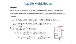 Astable Multivibrator
59
Problem:
In the astable multivibrator of fig, RA=2.2KΩ, RB=3.9K Ω and C=0.1µF. Determine
the positive pulse width tH, negative pulse width tLow, and free-running frequency fo.
Solution:
ms
X
K
C
R
t B
LOW
269
.
0
)
1
.
0
)(
9
.
3
(
69
.
0
69
.
0 10
6
=

=
= −
?
)
45
.
1
1
2
(
=
=
=
+ C
T R
R
f
A B
o
ms
X
K
K
C
R
R
t B
A
HIGH
421
.
0
)
1
.
0
)(
9
.
3
2
.
2
(
69
.
0
)
(
69
.
0 10
6
=

+

=
+
= −
?
100
9
.
3
2
2
.
2
9
.
3
2
.
2
100
)
)
100
%
2
(
(
=

+


+

=
=
=
+
+
X
K
X
K
K
X
X
T
D
R
R
R
R
t
A
A
B
B
HIGH
Duty Cycle,
?
100
9
.
3
2
2
.
2
9
.
3
100
)
100
%
2
(
=

+


=
=
=
+
X
K
X
K
X
X
T
D
R
R
R
t
A B
B
LOW
 