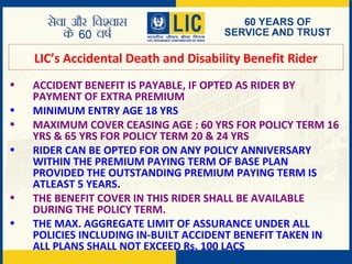 LIC’s Accidental Death and Disability Benefit Rider
• ACCIDENT BENEFIT IS PAYABLE, IF OPTED AS RIDER BY
PAYMENT OF EXTRA PREMIUM
• MINIMUM ENTRY AGE 18 YRS
• MAXIMUM COVER CEASING AGE : 60 YRS FOR POLICY TERM 16
YRS & 65 YRS FOR POLICY TERM 20 & 24 YRS
• RIDER CAN BE OPTED FOR ON ANY POLICY ANNIVERSARY
WITHIN THE PREMIUM PAYING TERM OF BASE PLAN
PROVIDED THE OUTSTANDING PREMIUM PAYING TERM IS
ATLEAST 5 YEARS.
• THE BENEFIT COVER IN THIS RIDER SHALL BE AVAILABLE
DURING THE POLICY TERM.
• THE MAX. AGGREGATE LIMIT OF ASSURANCE UNDER ALL
POLICIES INCLUDING IN-BUILT ACCIDENT BENEFIT TAKEN IN
ALL PLANS SHALL NOT EXCEED Rs. 100 LACS
 