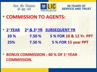 • COMMISSION TO AGENTS:
• 1st
YEAR 2nd
& 3rd
YR SUBSEQUENT YR
20 % 7.50 % 5 % FOR 10 & 12 Yr. PPT
25% 7.50 % 5 % FOR 15 year PPT
• BONUS COMMISSION : 40 % OF 1st
YEAR
COMMISSION.
 