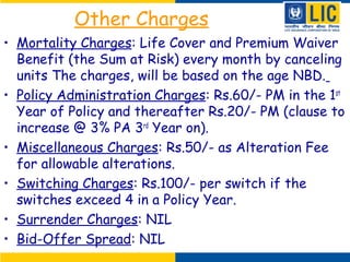 Other Charges
• Mortality Charges: Life Cover and Premium Waiver
Benefit (the Sum at Risk) every month by canceling
units The charges, will be based on the age NBD.
• Policy Administration Charges: Rs.60/- PM in the 1st
Year of Policy and thereafter Rs.20/- PM (clause to
increase @ 3% PA 3rd
Year on).
• Miscellaneous Charges: Rs.50/- as Alteration Fee
for allowable alterations.
• Switching Charges: Rs.100/- per switch if the
switches exceed 4 in a Policy Year.
• Surrender Charges: NIL
• Bid-Offer Spread: NIL
 