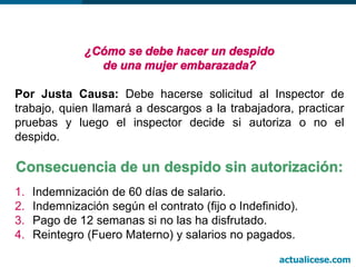 Por Justa Causa: Debe hacerse solicitud al Inspector de
trabajo, quien llamará a descargos a la trabajadora, practicar
pruebas y luego el inspector decide si autoriza o no el
despido.
1. Indemnización de 60 días de salario.
2. Indemnización según el contrato (fijo o Indefinido).
3. Pago de 12 semanas si no las ha disfrutado.
4. Reintegro (Fuero Materno) y salarios no pagados.
actualicese.com
 