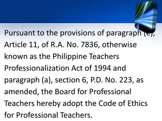 Code Of Ethics For Professional Teacher