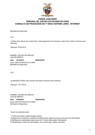 PODER JUDICIÁRIO
TRIBUNAL DE JUSTIÇA DO ESTADO DO PARÁ
CONSULTA DE PROCESSOS DE 1º GRAU SISTEMA LIBRA - INTERNET

Mandado de Segurança

R.H.
A UNAJ para calculo das custas finais. Após pagamento de eventuais custas finais voltem conclusos para
sentença.
Alenquer, 20.03.2013.

GABRIEL VELOSO DE ARAUJO
JUIZ DE DIREITO
Data: 13/12/2012
DESPACHO
Autos: 0001210-96.2012.8.14.0003
Mandado de Segurança.

R.H.

Ao Ministério Público para parecer final após conclusos para sentença.
Alenquer, 12/11/2012.

GABRIEL VELOSO DE ARAUJO
JUIZ DE DIREITO
Data: 13/09/2012
DESPACHO
Autos: 0001210-96.2012.8.14.0003.
Mandado de Segurança.

Avoco os presentes autos
1) Torno sem efeito a determinação anterior.
2) Reservo-me a apreciar o pedido de medida liminar depois do decurso do prazo de informações.
3) Notifique-se a autoridade coatora para em 10 (dez) dias prestar informações;
4) Ultrapassado o prazo de informações, com ou sem elas, voltem conclusos.

2

 