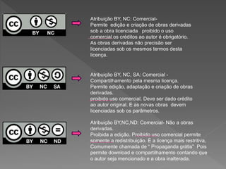 Atribuição BY, NC: Comercial-
Permite edição e criação de obras derivadas
sob a obra licenciada proibido o uso
comercial os créditos ao autor é obrigatório.
As obras derivadas não precisão ser
licenciadas sob os mesmos termos desta
licença.
Atribuição BY, NC, SA: Comercial -
Compartilhamento pela mesma licença.
Permite edição, adaptação e criação de obras
derivadas.
proibido uso comercial. Deve ser dado crédito
ao autor original. E as novas obras devem
licenciadas sob os parâmetros.
Atribuição BY,NC,ND: Comercial- Não a obras
derivadas.
Proibida a edição. Proibido uso comercial permite
somente a redistribuição. É a licença mais restritiva,
Comumente chamada de “ Propaganda grátis” Pois
permite download e compartilhamento contando que
o autor seja mencionado e a obra inalterada.
 