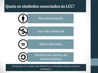 Quais os símbolosassociadosàs LCC?
Reconhecimento
Uso não comercial
Obras derivadas
Partilha nos termos da
mesma licença
As licenças CC resultam das diferentes combinações destes mesmos
símbolos!!!
 