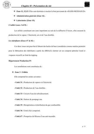 Chapitre II : Présentation du site
p. 13
 Zone 11, 12,13: Elles sont destinées à stocker le brut provenant de «HASSI-MESSAOUD»
 Administration générale (Zone 14) .
 Laboratoire (Zone 15).
L’utilité (zones 3 &19) :
Les utilités constituent une zone importante au sein de la raffinerie d’Arzew, elles assurent la
production de la vapeur, l’électricité, air et de l’eau distillée.
Les lubrifiants (Zones 07 & 05) :
Ces deux zones ont pour but d’obtenir des huiles de base considérées comme matière première
pour la fabrication des lubrifiants à partir du (BRA).Ce dernier est un composé pétrolier lourd et
visqueux recueilli au fond du topping.
Département Production P1
Les installations sont constituées de :
 Zone 3 : Utilités
Elle comprend les unités suivantes :
- Unité 31 : Production de vapeur et d’électricité.
- Unité 32 : Production de l’eau distillée.
- Unité 33 : Circuit d’eau de refroidissement.
- Unité 34 : Station de pompage eau.
- Unité 35 : Récupération et distribution du gaz combustible.
- Unité 36 : Unité d'air comprimé.
- Unité 67 : Pomperies du Réseau d’eau anti-incendie.
 
