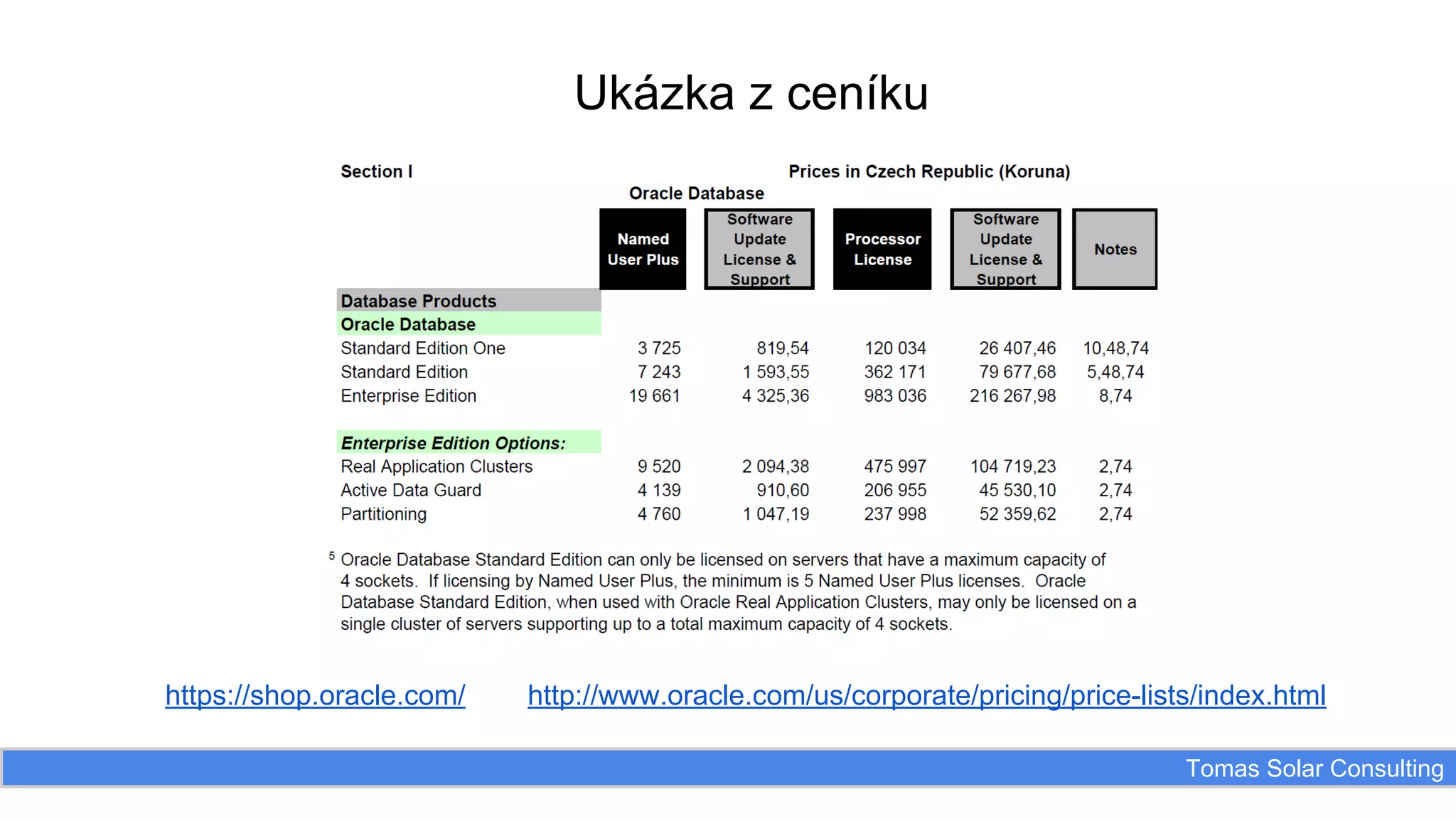 Ukázka z ceníku

https://shop.oracle.com/

http://www.oracle.com/us/corporate/pricing/price-lists/index.html
Tomas Solar Consulting

 