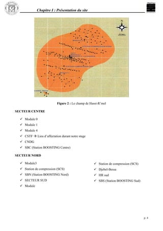 Chapitre I : Présentation du site
p. 4
Figure 2 : Le champ de Hassi-R’mel
SECTEUR CENTRE
 Module 0
 Module 1
 Module 4
 CSTF  Lieu d’affectation durant notre stage
 CNDG
 SBC (Station BOOSTING Centre)
SECTEUR NORD
 Module3
 Station de compression (SCS)
 SBN (Station BOOSTING Nord)
 SECTEUR SUD
 Module
 Station de compression (SCS)
 Djebel-Bessa
 HR sud
 SBS (Station BOOSTING Sud)
 