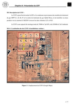 Chapitre III : Présentation du CSTF
p. 12
III- Description du CSTF :
Le CSTF a pour but de stocker le GPL et le condensat en provenance des modules de traitement
de gaz MPP 0, I, II, III, IV et le centre de traitement de gaz Djebel Bissa, et de transférer ces deux
produits vers le terminal d’ARZEW à travers les deux oléoducs LZ1 et NZ1
Le CSTF a une capacité de stockage totale de 78000 m3
de GPL et de 285000 m3
de Condensât.
III-1-1 Localisation du site CSTF et installations voisines :
Figure 3 : Emplacement du CSTF (Google Maps)
 