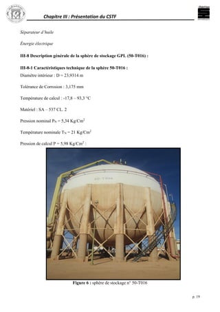 Chapitre III : Présentation du CSTF
p. 19
Séparateur d’huile
Énergie électrique
III-8 Description générale de la sphère de stockage GPL (50-T016) :
III-8-1 Caractéristiques technique de la sphère 50-T016 :
Diamètre intérieur : D = 23,9314 m
Tolérance de Corrosion : 3,175 mm
Température de calcul : -17,8 – 93,3 °C
Matériel : SA – 537 CL. 2
Pression nominal PN = 5,34 Kg/Cm2
Température nominale TN = 21 Kg/Cm2
Pression de calcul P = 5,98 Kg/Cm2
:
Figure 6 : sphère de stockage n° 50-T016
 