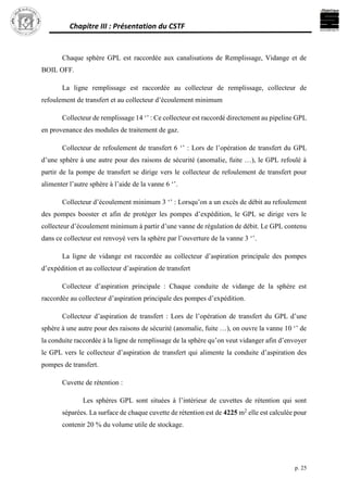 Chapitre III : Présentation du CSTF
p. 25
Chaque sphère GPL est raccordée aux canalisations de Remplissage, Vidange et de
BOIL OFF.
La ligne remplissage est raccordée au collecteur de remplissage, collecteur de
refoulement de transfert et au collecteur d’écoulement minimum
Collecteur de remplissage 14 ‘’ : Ce collecteur est raccordé directement au pipeline GPL
en provenance des modules de traitement de gaz.
Collecteur de refoulement de transfert 6 ‘’ : Lors de l’opération de transfert du GPL
d’une sphère à une autre pour des raisons de sécurité (anomalie, fuite …), le GPL refoulé à
partir de la pompe de transfert se dirige vers le collecteur de refoulement de transfert pour
alimenter l’autre sphère à l’aide de la vanne 6 ‘’.
Collecteur d’écoulement minimum 3 ‘’ : Lorsqu’on a un excès de débit au refoulement
des pompes booster et afin de protéger les pompes d’expédition, le GPL se dirige vers le
collecteur d’écoulement minimum à partir d’une vanne de régulation de débit. Le GPL contenu
dans ce collecteur est renvoyé vers la sphère par l’ouverture de la vanne 3 ‘’.
La ligne de vidange est raccordée au collecteur d’aspiration principale des pompes
d’expédition et au collecteur d’aspiration de transfert
Collecteur d’aspiration principale : Chaque conduite de vidange de la sphère est
raccordée au collecteur d’aspiration principale des pompes d’expédition.
Collecteur d’aspiration de transfert : Lors de l’opération de transfert du GPL d’une
sphère à une autre pour des raisons de sécurité (anomalie, fuite …), on ouvre la vanne 10 ‘’ de
la conduite raccordée à la ligne de remplissage de la sphère qu’on veut vidanger afin d’envoyer
le GPL vers le collecteur d’aspiration de transfert qui alimente la conduite d’aspiration des
pompes de transfert.
Cuvette de rétention :
Les sphères GPL sont situées à l’intérieur de cuvettes de rétention qui sont
séparées. La surface de chaque cuvette de rétention est de 4225 m2
elle est calculée pour
contenir 20 % du volume utile de stockage.
 
