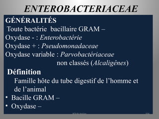 ENTEROBACTERIACEAE
GÉNÉRALITÉS
Toute bactérie bacillaire GRAM –
Oxydase - : Enterobactérie
Oxydase + : Pseudomonadaceae
Oxydase variable : Parvobactériaceae
non classés (Alcaligênes)
Définition
Famille hôte du tube digestif de l’homme et
de l’animal
• Bacille GRAM –
• Oxydase –
KOUA Amian 106
 