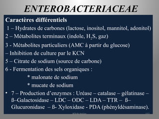 ENTEROBACTERIACEAE
Caractères différentiels
1 – Hydrates de carbones (lactose, inositol, mannitol, adonitol)
2 – Métabolites terminaux (indole, H2S, gaz)
3 - Métabolites particuliers (AMC à partir du glucose)
– Inhibition de culture par le KCN
5 – Citrate de sodium (source de carbone)
6 - Fermentation des sels organiques :
* malonate de sodium
* mucate de sodium
• 7 – Production d’enzymes : Uréase – catalase – gélatinase –
ß–Galactosidase – LDC – ODC – LDA – TTR – ß–
Glucuronidase – ß- Xyloxidase - PDA (phényldésaminase).
KOUA Amian 112
 