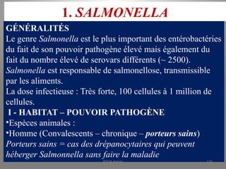 1. SALMONELLA
GÉNÉRALITÉS
Le genre Salmonella est le plus important des entérobactéries
du fait de son pouvoir pathogène élevé mais également du
fait du nombre élevé de serovars différents (~ 2500).
Salmonella est responsable de salmonellose, transmissible
par les aliments.
La dose infectieuse : Très forte, 100 cellules à 1 million de
cellules.
I - HABITAT – POUVOIR PATHOGÈNE
•Espèces animales :
•Homme (Convalescents – chronique – porteurs sains)
Porteurs sains = cas des drépanocytaires qui peuvent
héberger Salmonnella sans faire la maladie
KOUA Amian 116
 