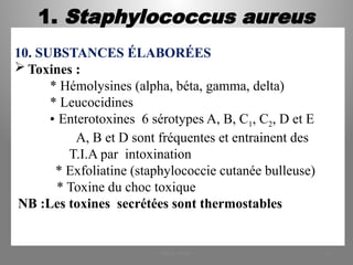1. Staphylococcus aureus
10. SUBSTANCES ÉLABORÉES
 Toxines :
* Hémolysines (alpha, béta, gamma, delta)
* Leucocidines
• Enterotoxines 6 sérotypes A, B, C1, C2, D et E
A, B et D sont fréquentes et entrainent des
T.I.A par intoxination
* Exfoliatine (staphylococcie cutanée bulleuse)
* Toxine du choc toxique
NB :Les toxines secrétées sont thermostables
KOUA Amian 13
 